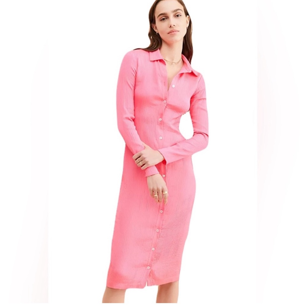 Amanda Uprichard Philips Midi Dress Button Down Long Sleeve Pink Womens New